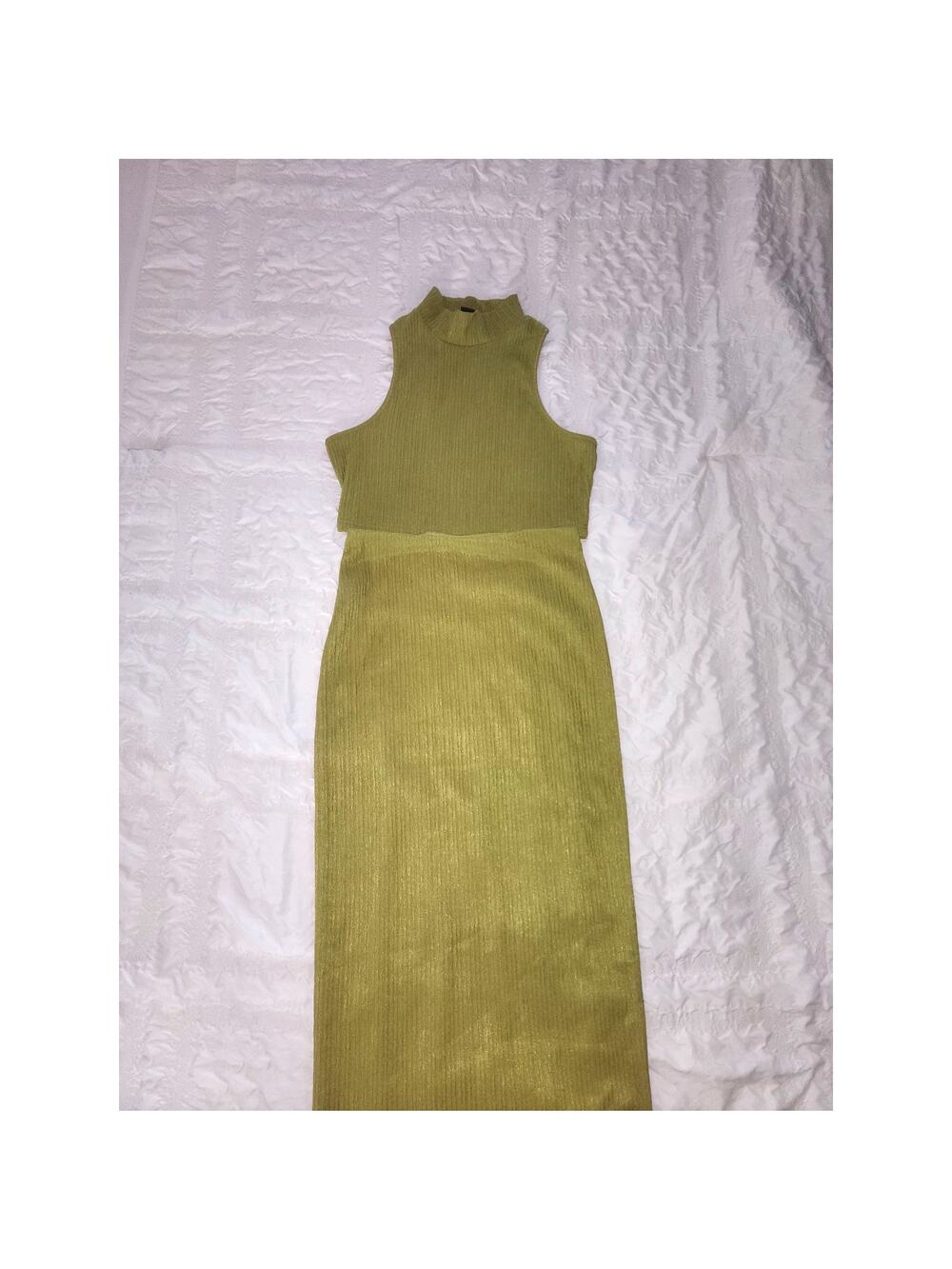 Lime Green Ribbed Crop Top Maxi Skirt Set Size L